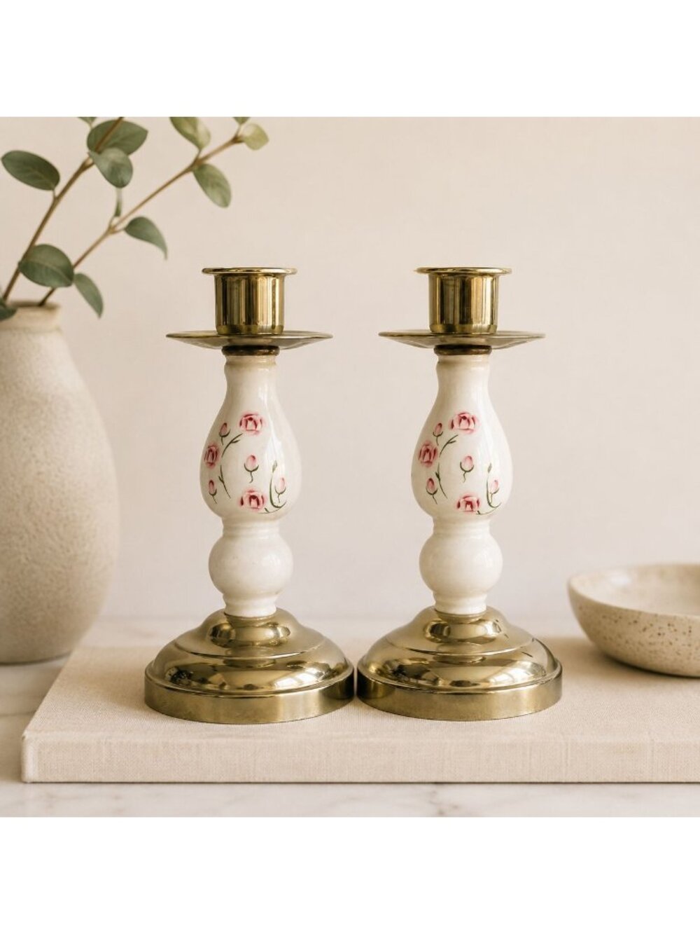 Homco Cottage Candlesticks Pair Floral Rose Coquette Brass Candle Holders Set 2
